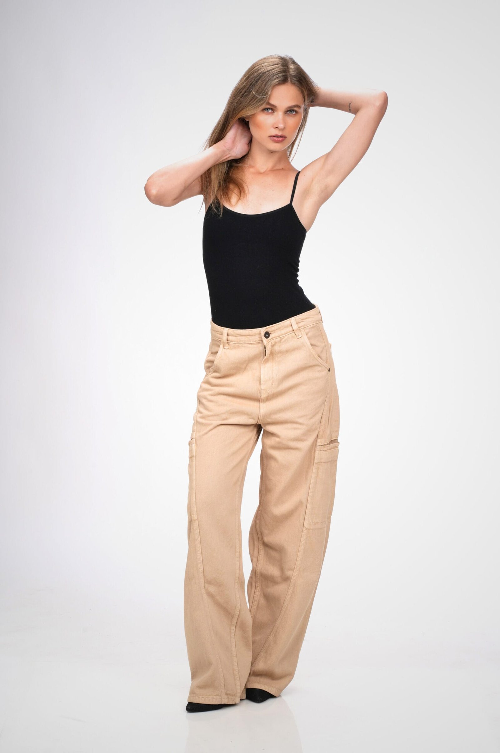 BEIGE MID RISE BAGGY FIT UTILITY JEANS - Image 6