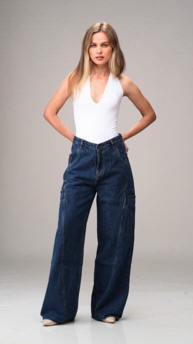 INDIGO MID RISE BAGGY FIT UTILITY JEANS