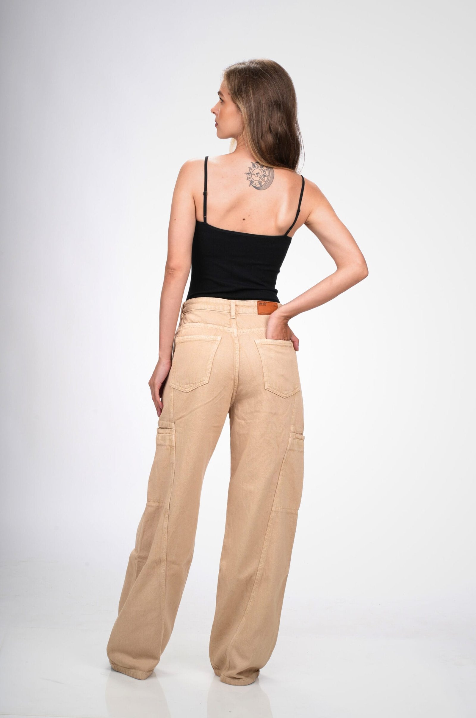 BEIGE MID RISE BAGGY FIT UTILITY JEANS - Image 3