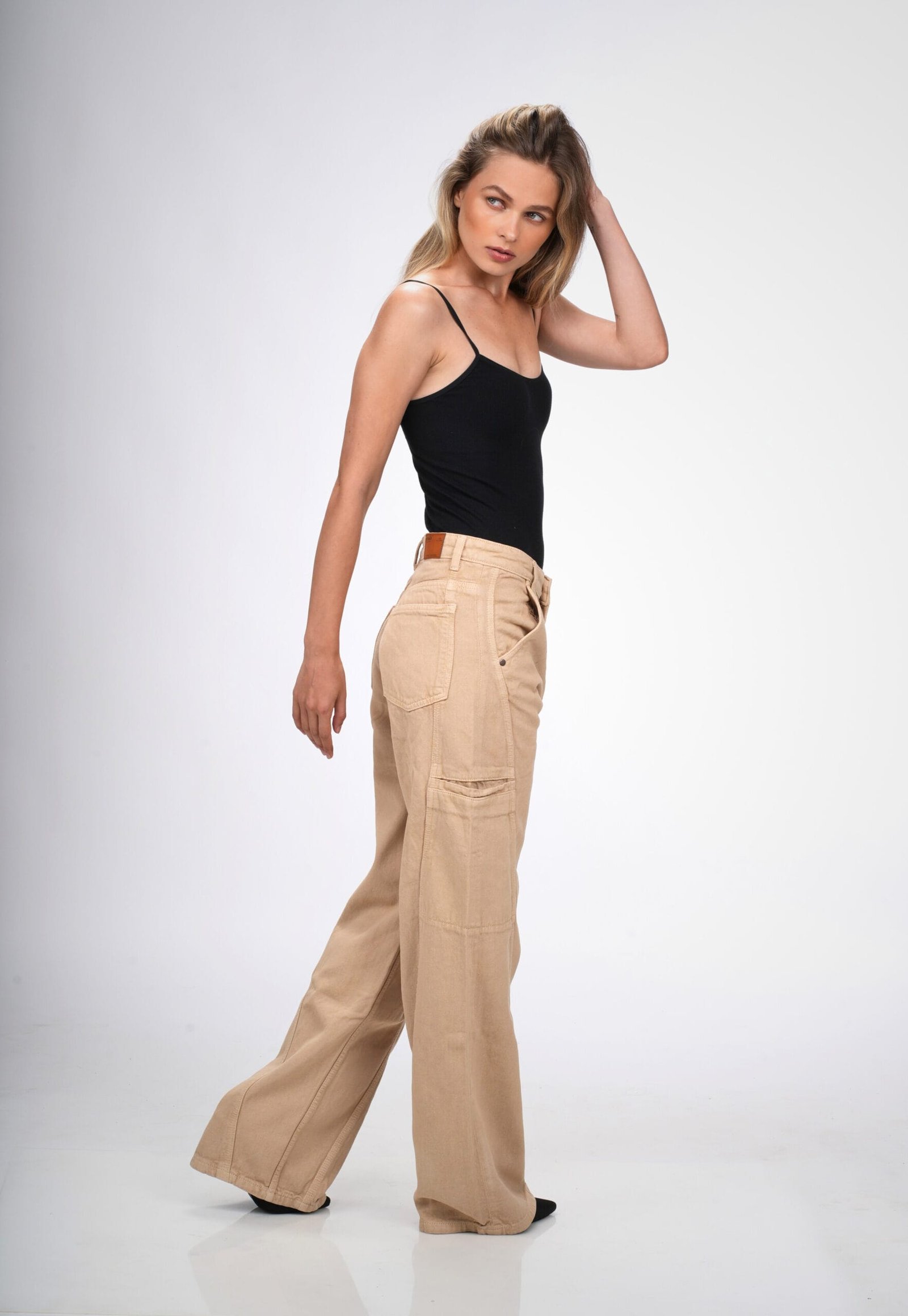 BEIGE MID RISE BAGGY FIT UTILITY JEANS - Image 5