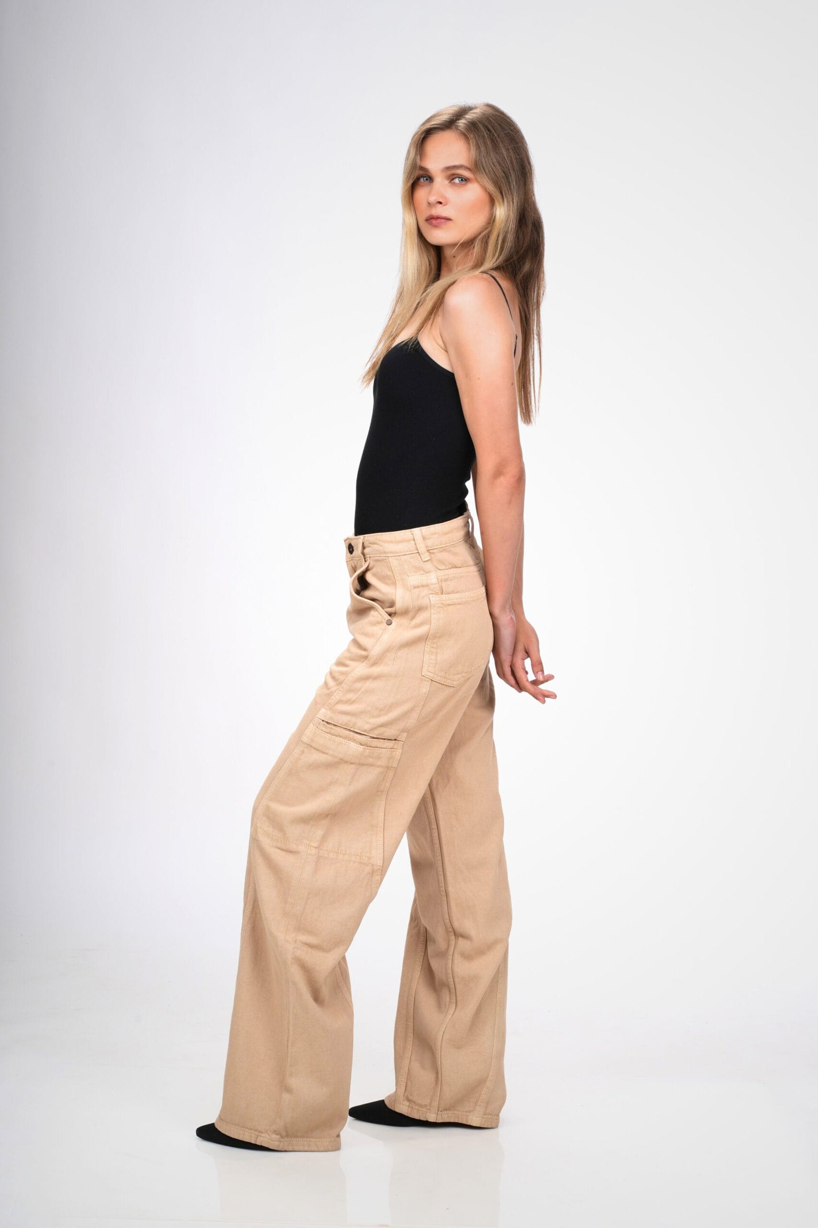 BEIGE MID RISE BAGGY FIT UTILITY JEANS - Image 4