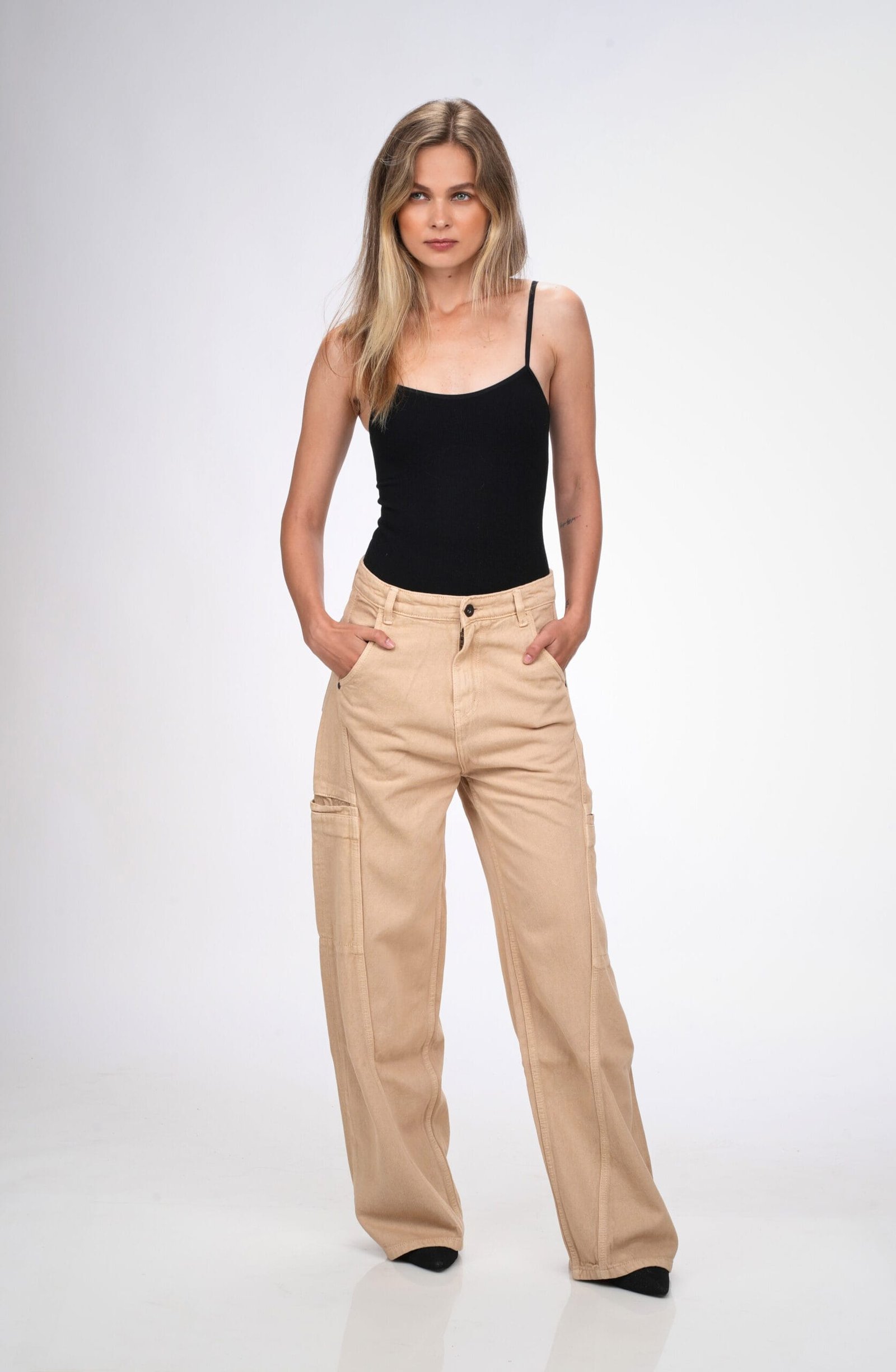 BEIGE MID RISE BAGGY FIT UTILITY JEANS - Image 2