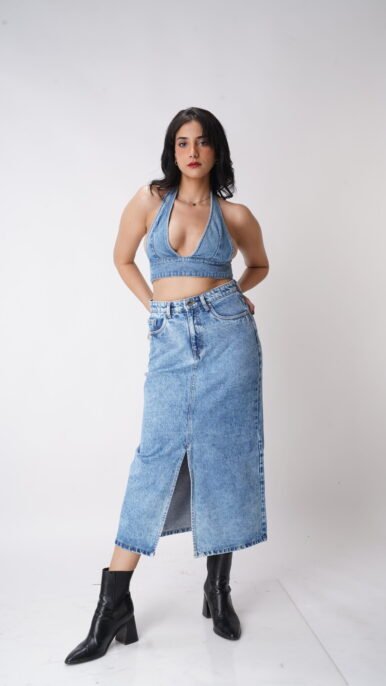 MID BLUE HIGH RISE DENIM LONG SKIRT