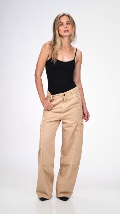 BEIGE MID RISE BAGGY FIT UTILITY JEANS