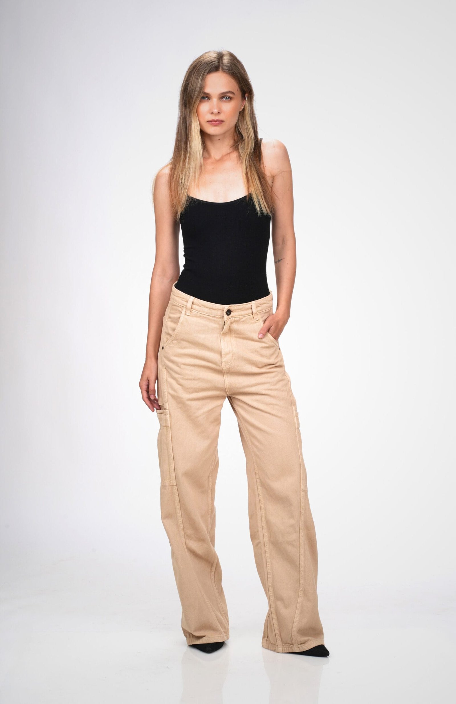BEIGE MID RISE BAGGY FIT UTILITY JEANS - Image 8