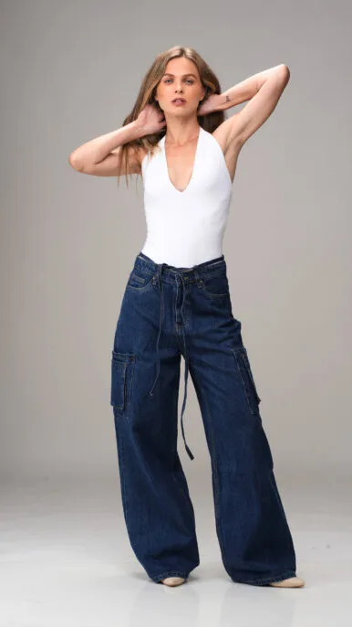 INDIGO MID RISE BAGGY FIT UTILITY JEANS