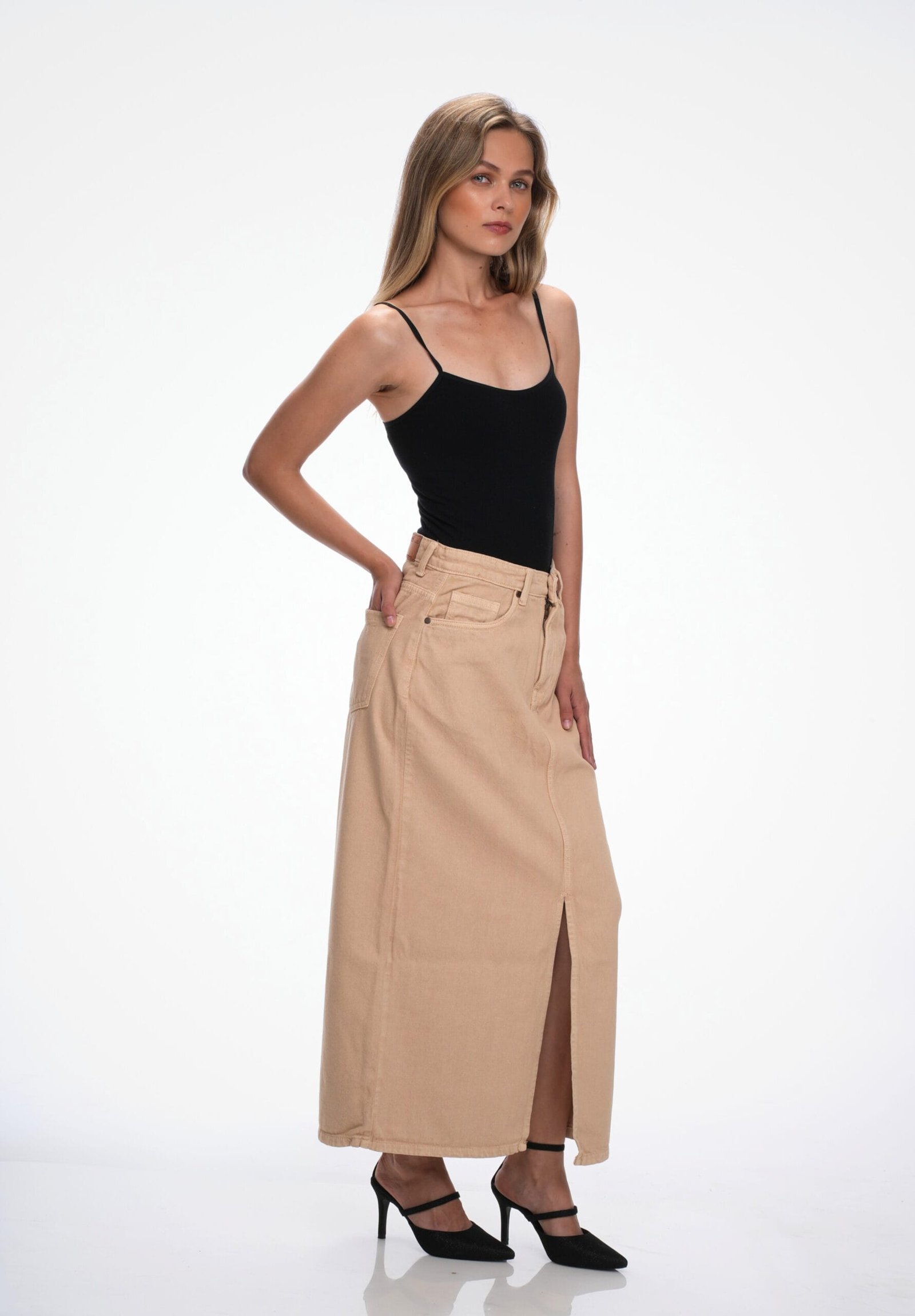 KHAKI HIGH RISE DENIM LONG SKIRT - Image 2