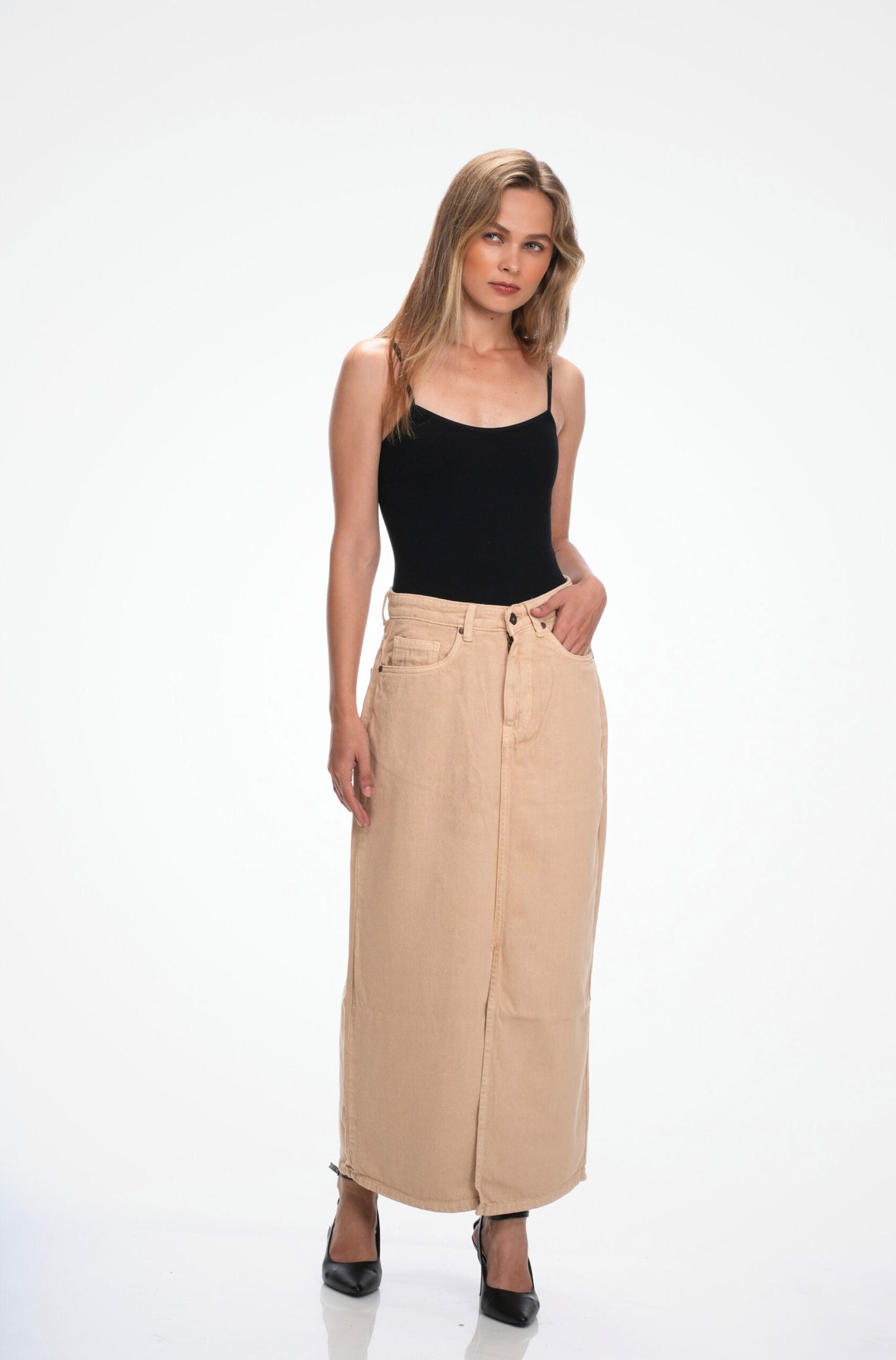 KHAKI HIGH RISE DENIM LONG SKIRT - Image 4