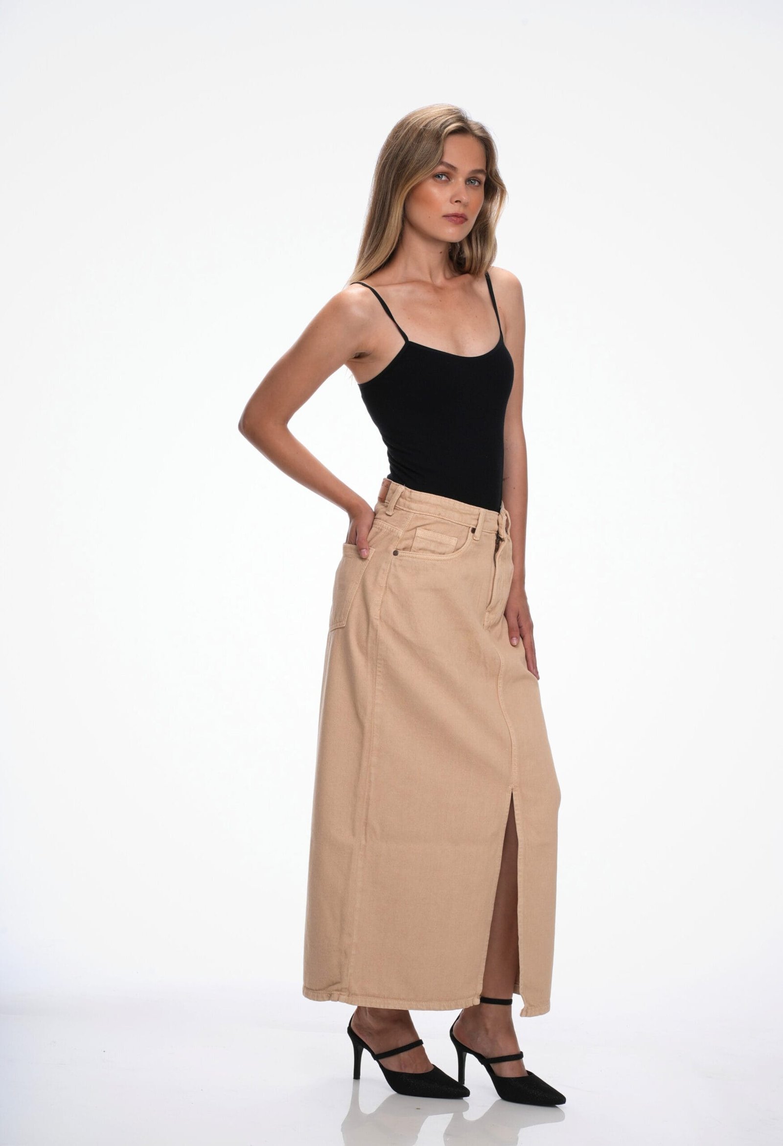KHAKI HIGH RISE DENIM LONG SKIRT - Image 3