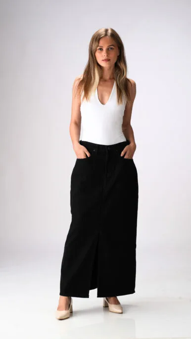 BLACK HIGH RISE DENIM LONG SKIRT