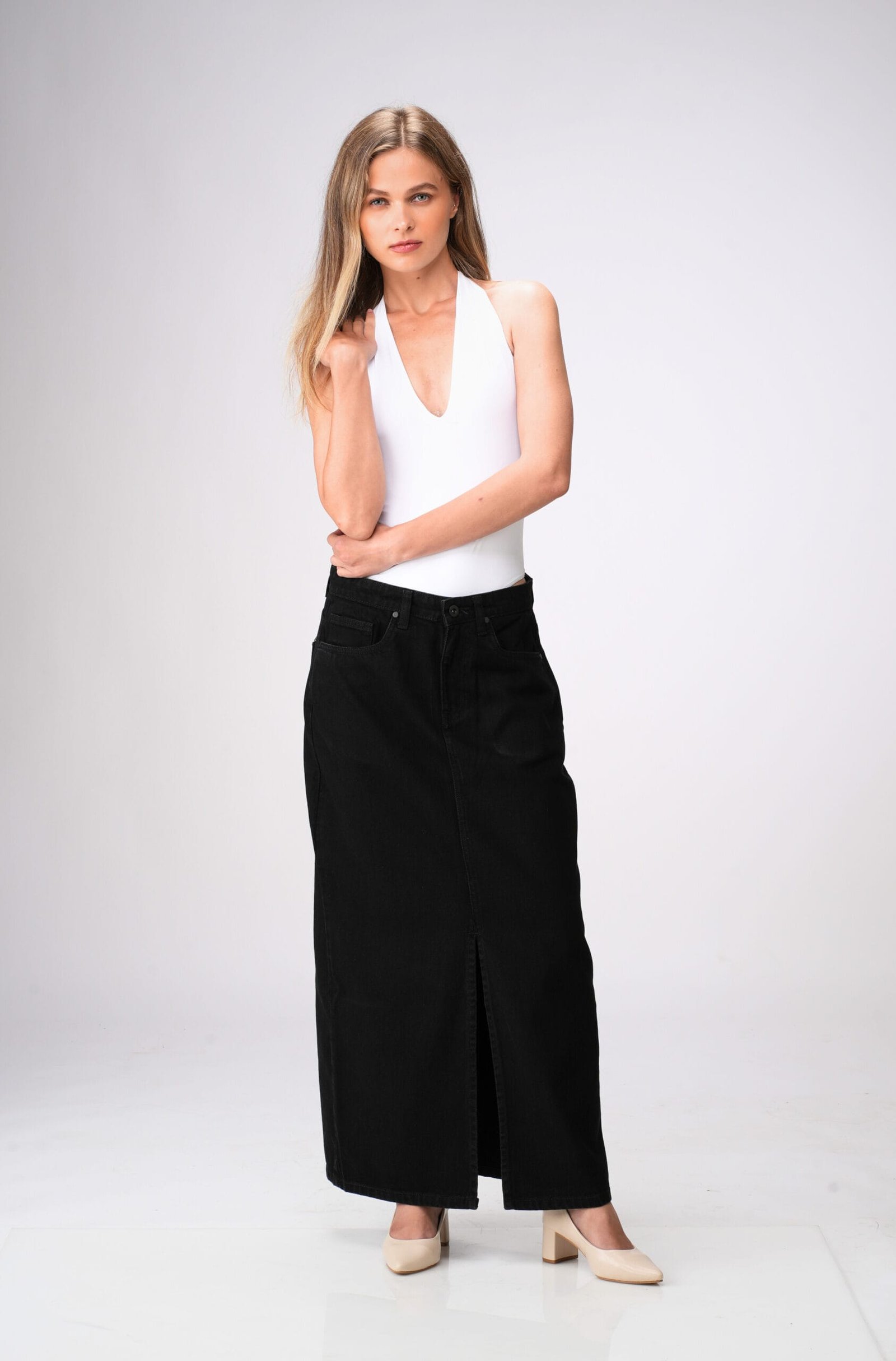 BLACK HIGH RISE DENIM LONG SKIRT - Image 6