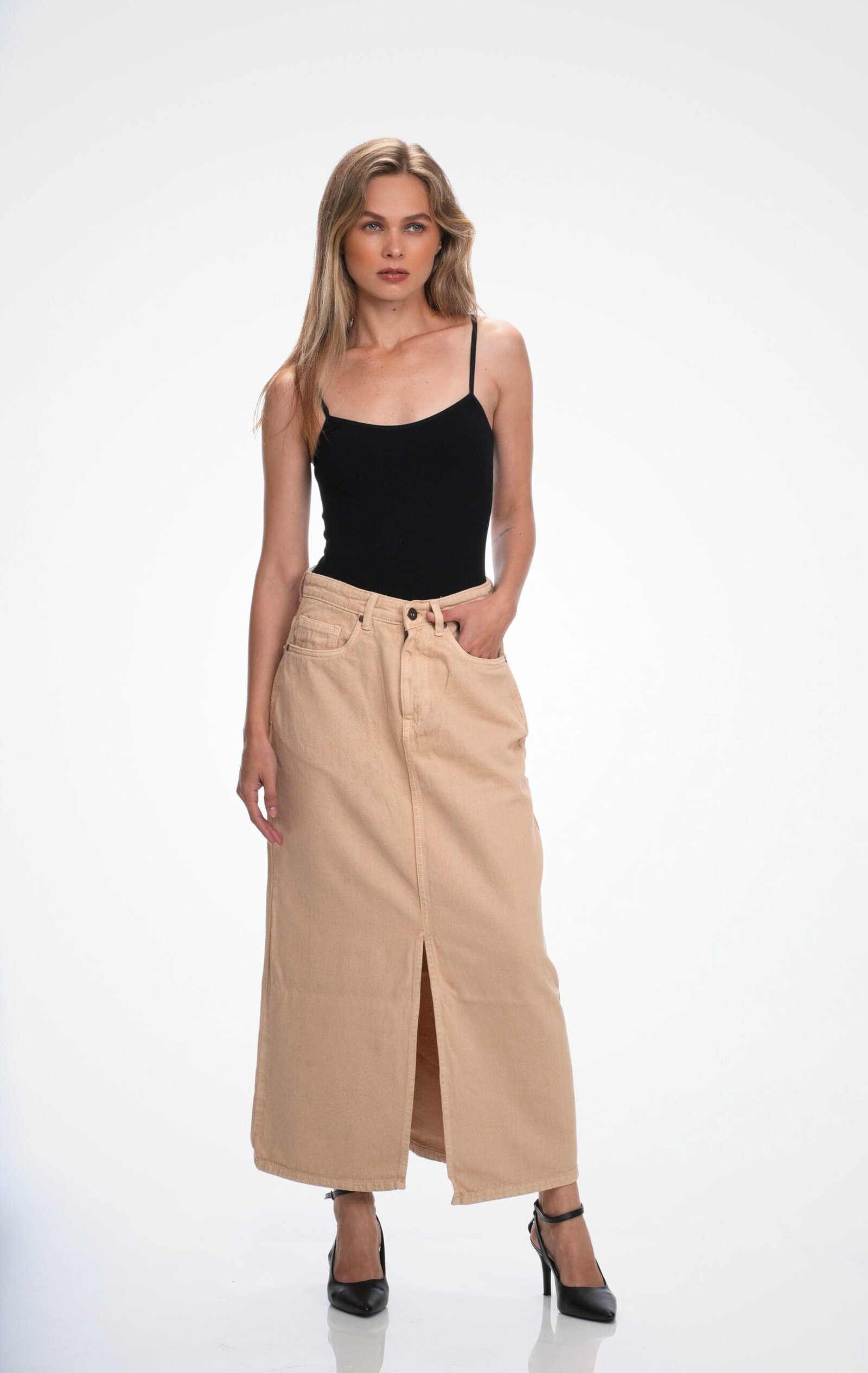 KHAKI HIGH RISE DENIM LONG SKIRT - Image 5