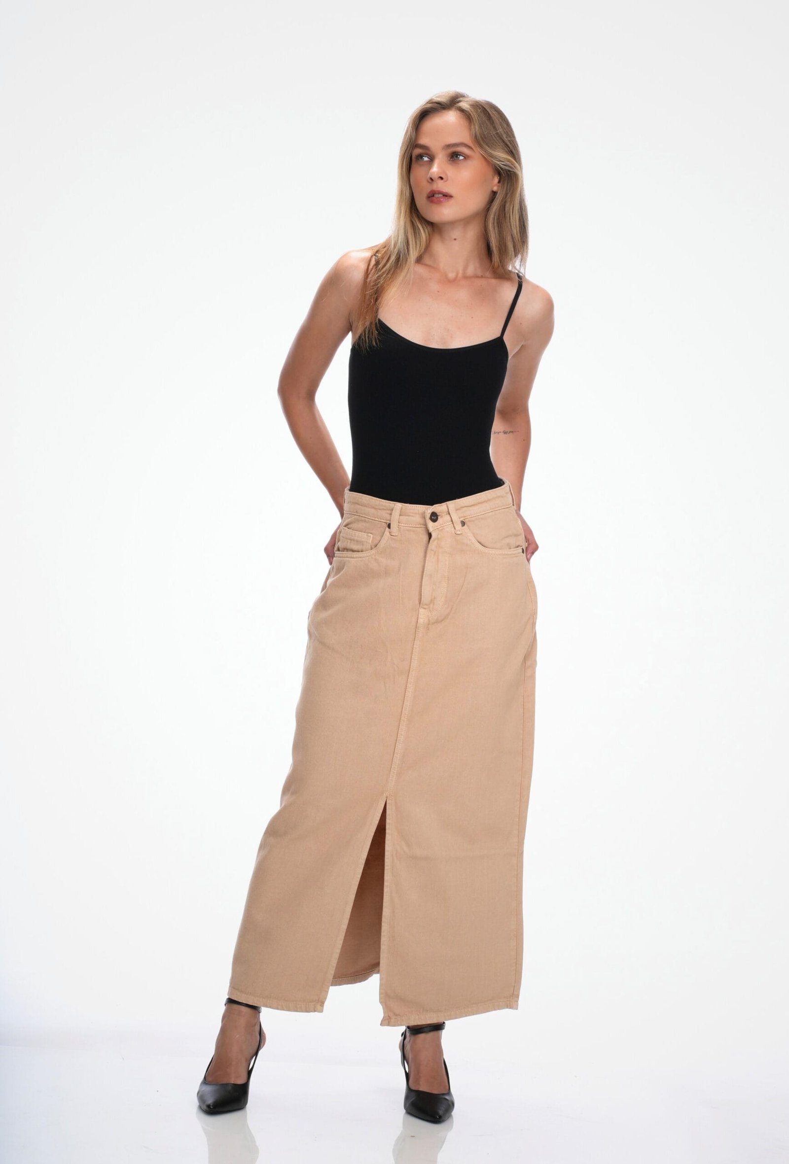 KHAKI HIGH RISE DENIM LONG SKIRT