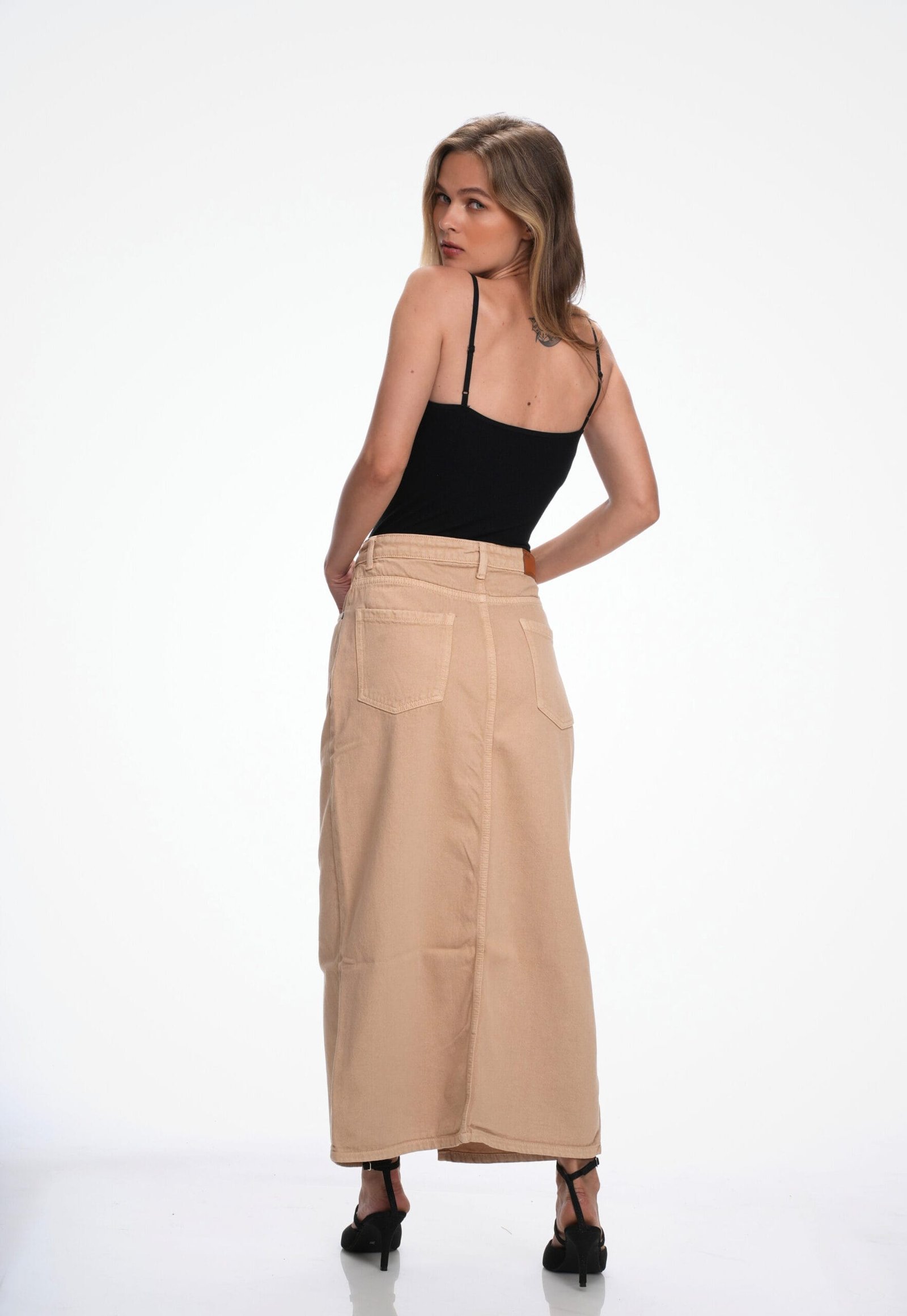 KHAKI HIGH RISE DENIM LONG SKIRT - Image 7