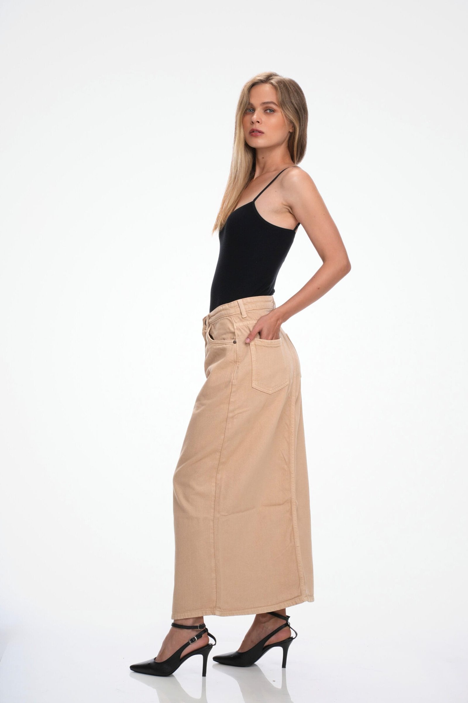 KHAKI HIGH RISE DENIM LONG SKIRT - Image 8